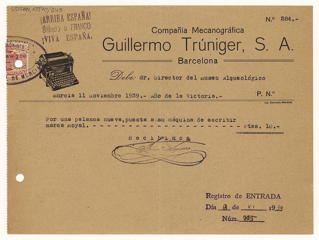 Recibo de la Compañía Mecanográfica Guillermo Trúniger a nombre del Sr. Director del Museo Arqueológico por la reparación de una máquina de escribir.