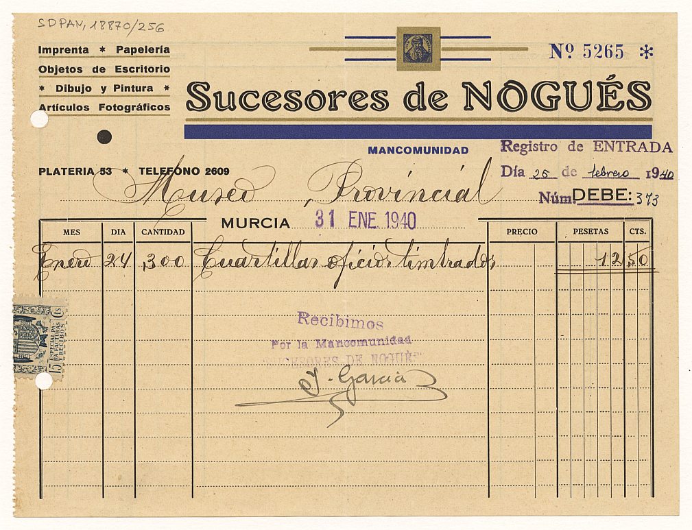 Recibo del establecimiento Sucesores de Nogués emitido a nombre del Museo Provincial por material de oficina.