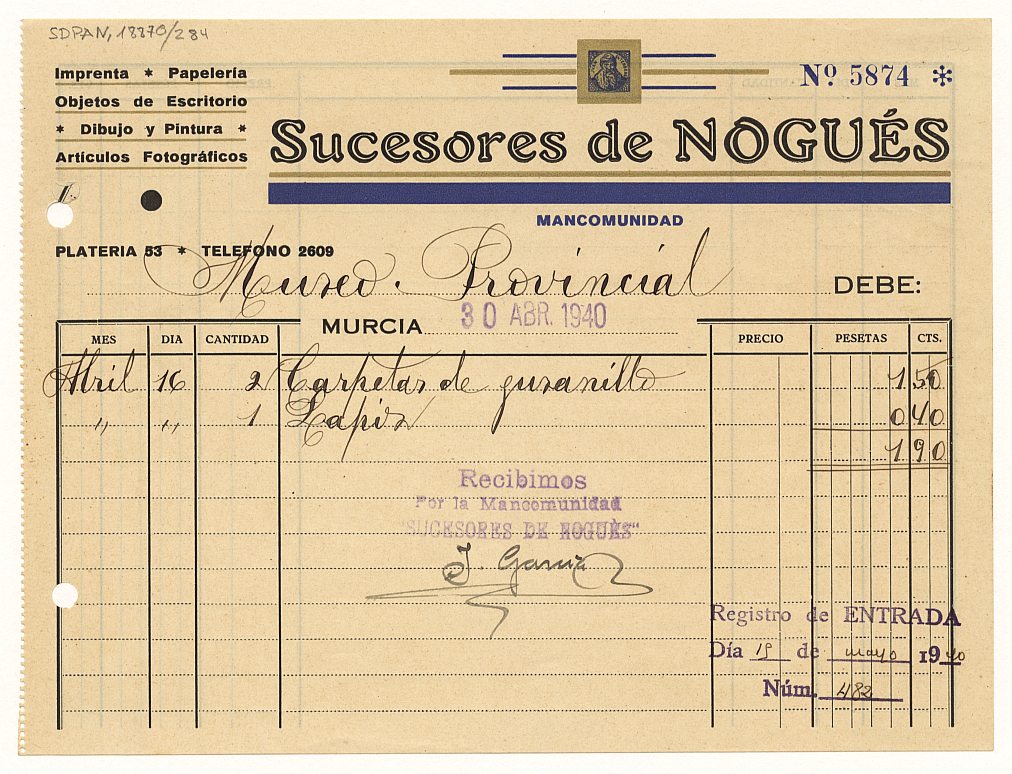 Recibo del establecimiento de Sucesores de Nogués a nombre del Museo Provincial por diverso material de oficina.