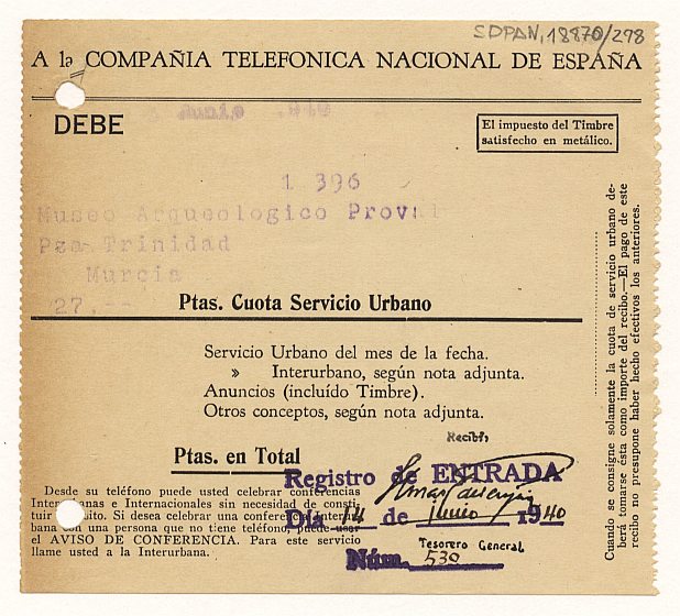 Recibo de la Compañía Telefónica Nacional de España, expedido a nombre del Museo Provincial.
