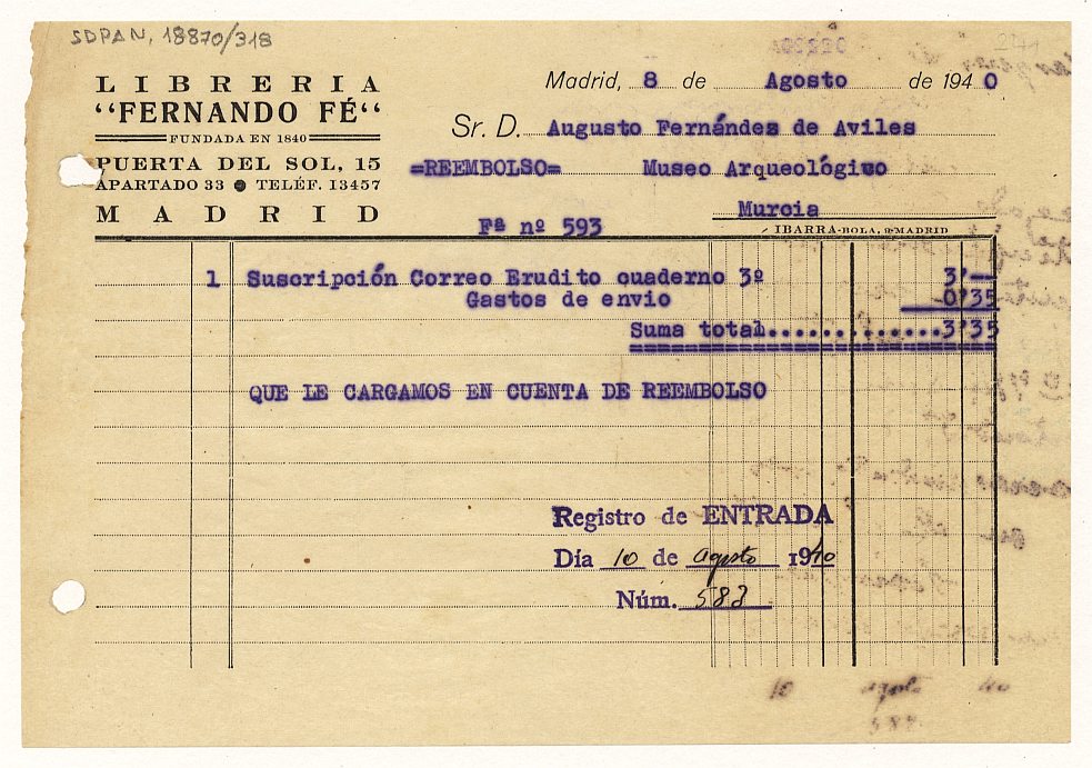 Factura de la librería Fernando Fe a nombre de D. Augusto Fernández Avilés por la suscripción al Correo Erudito.