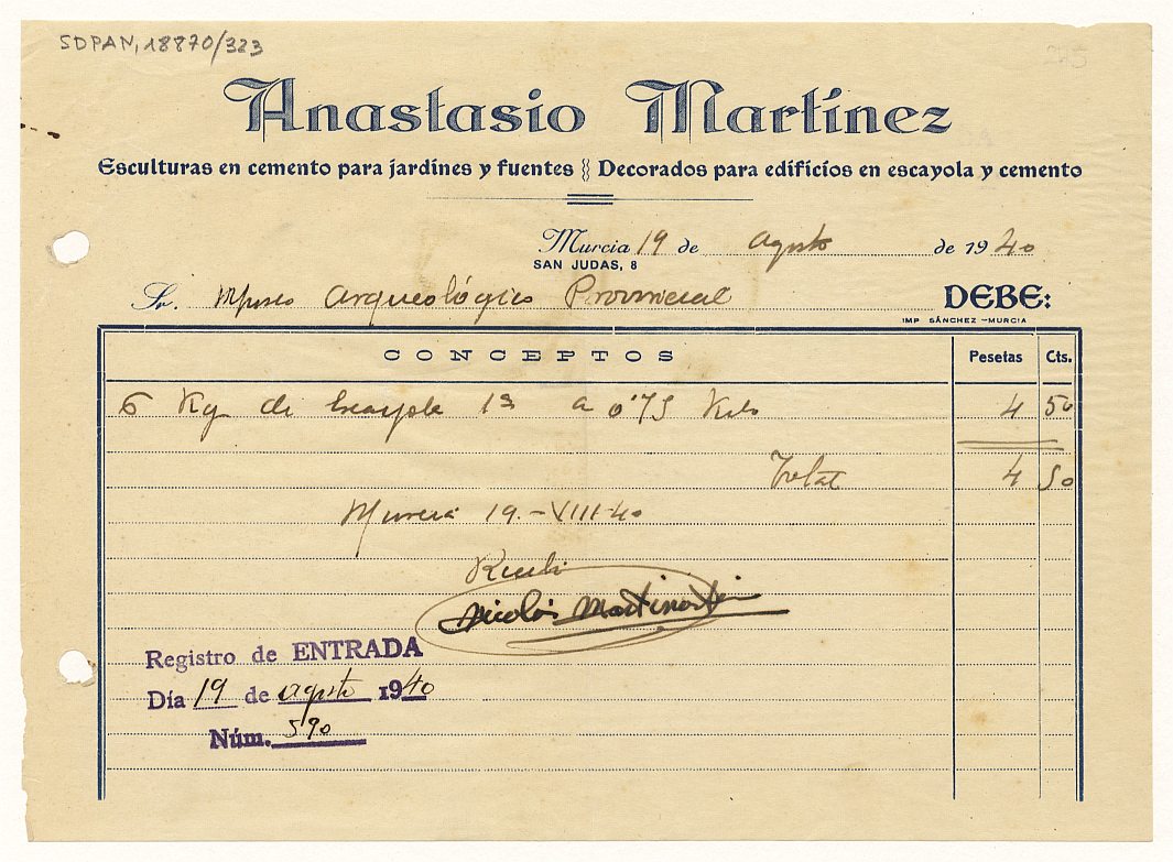 Recibo del establecimiento de Anastasio Martínez a nombre del Museo Arqueológico Provincial por la venta de 6 kg de escayola.