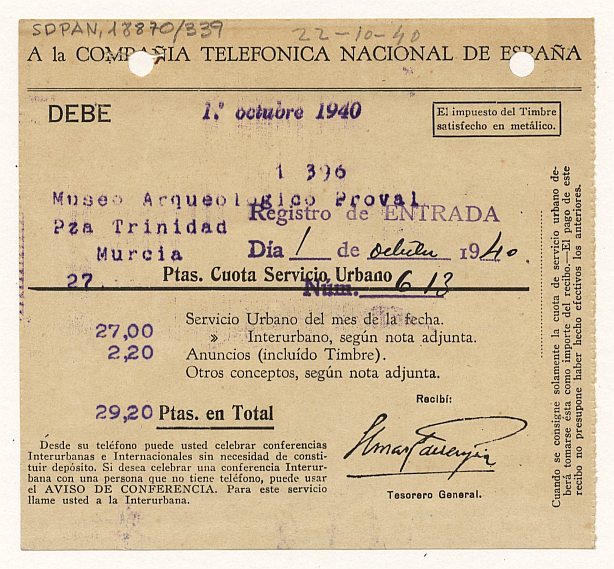 Factura de la Compañía Telefónica Nacional de España expedida a nombre del Museo Arqueológico Provincial por el servicio del mes de septiembre de 1940.