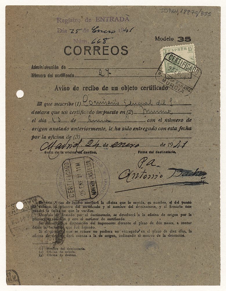 Aviso de llegada de un envío certificado a la oficina de correos de Murcia procedente de la Comisaría General del Servicio de Defensa del Patrimonio Artístico Nacional.