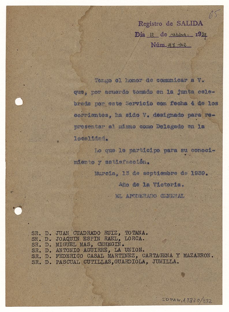 Minuta del oficio enviado a los delegados locales del Servicio de Defensa del Patrimonio Artístico Nacional de Murcia notificándoles su nombramiento.