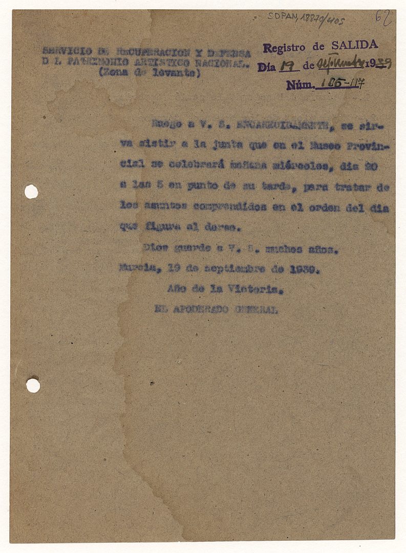 Minuta del oficio enviado a los miembros del Servicio de Defensa del Patrimonio Artístico Nacional de Murcia convocándoles a la próxima junta, a celebrar el jueves 20 de septiembre de 1939 en el Museo Provincial.