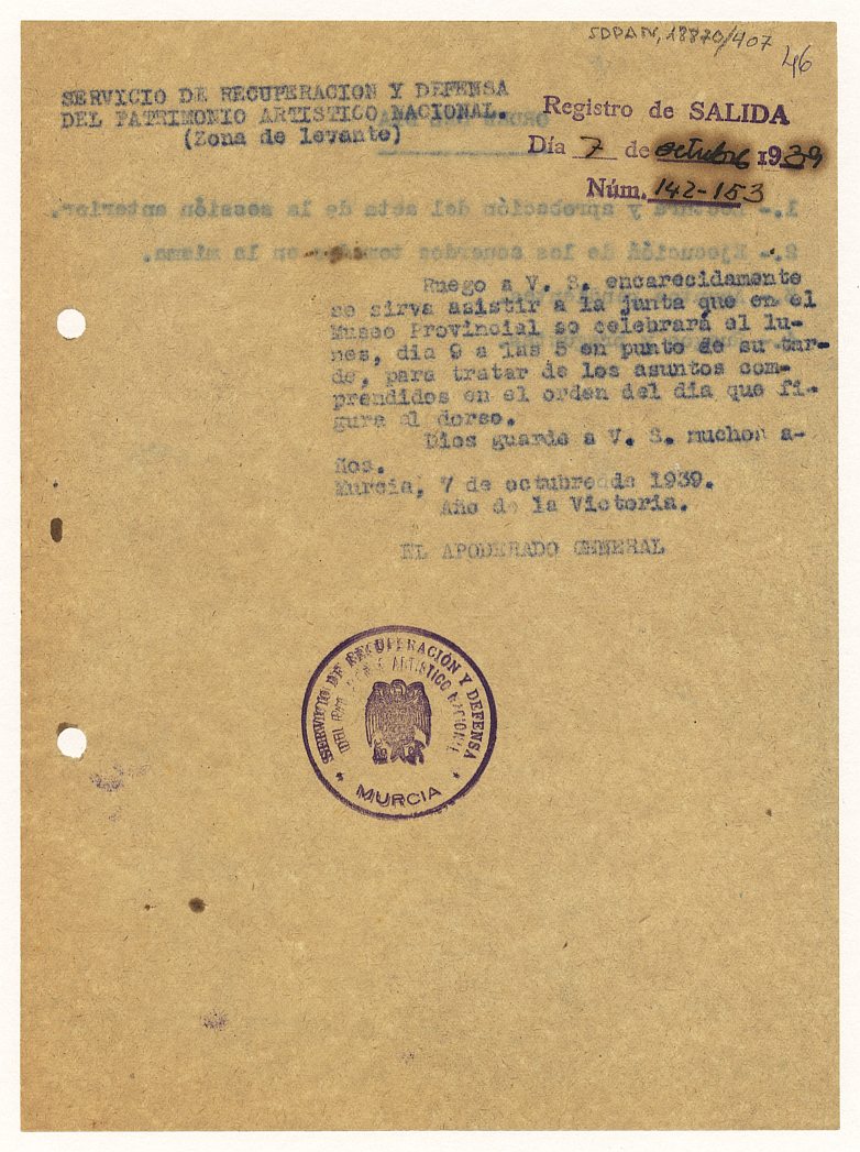 Minuta del oficio enviado a los miembros del Servicio de Defensa del Patrimonio Artístico Nacional de Murcia convocándoles a la próxima junta, a celebrar el jueves 9 de octubre de 1939 en el Museo Provincial.