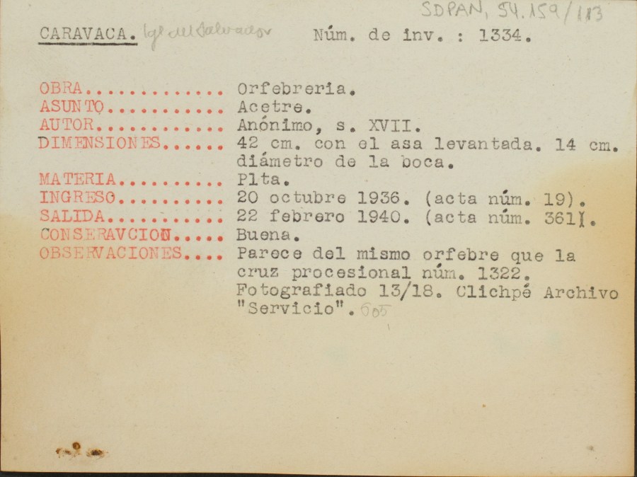 Ficha de un acetre, de la Parroquia del Salvador de Caravaca.