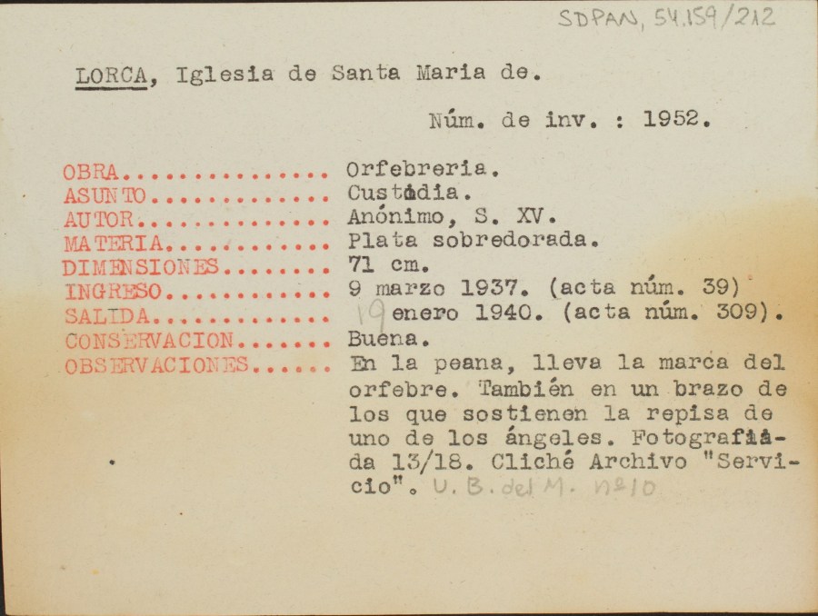 Ficha de una custodia de la Iglesia de Santa María de Lorca.