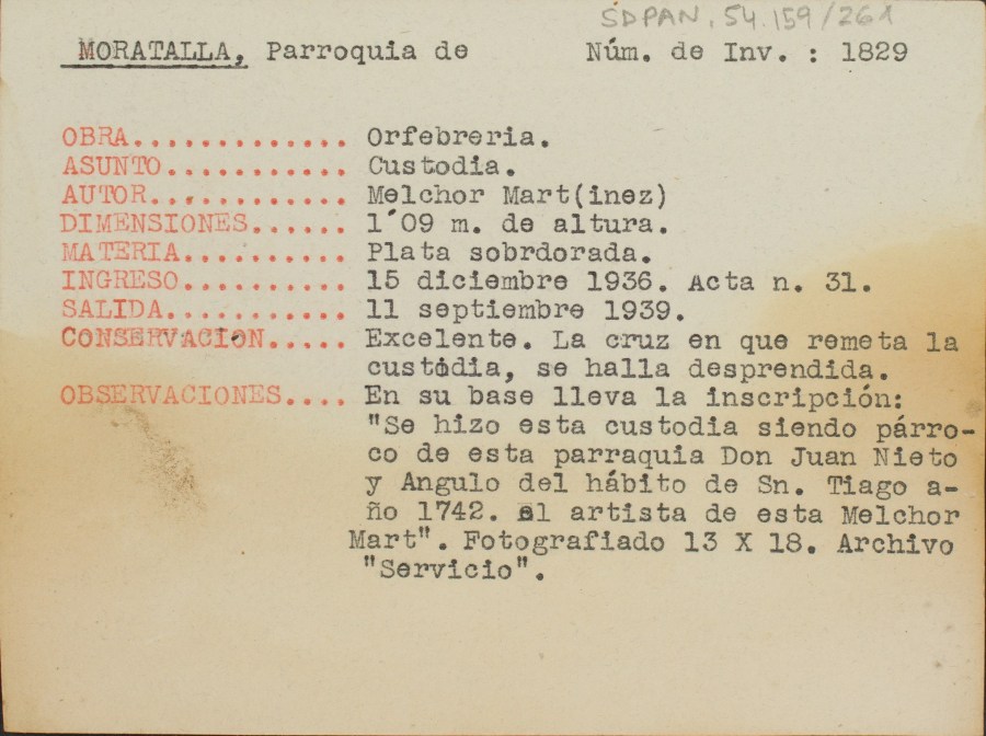 Ficha de una custodia de la Parroquia de Moratalla, obra de Melchor Martínez.